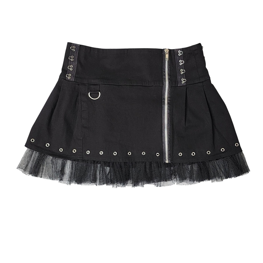 Hell Bunny Mini Skirt Womens MD Black Punk Goth Tulle Trim Pleated Grommet Alt